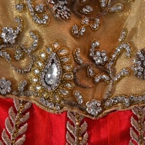 East Indian Heavily Embroidered, Rhinestoned Wedding Dress with Scarf SZ L